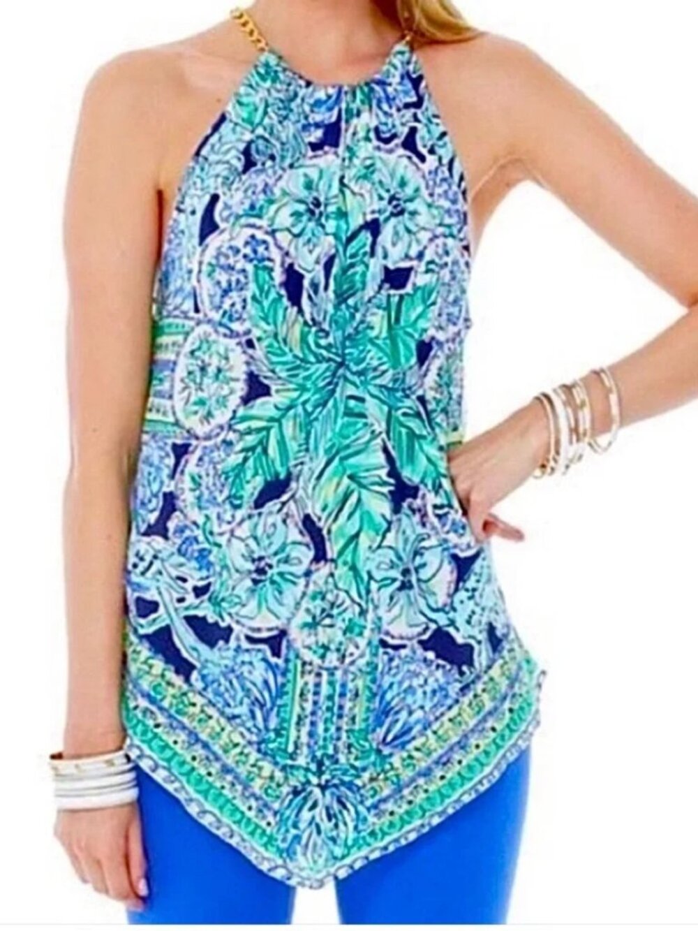 Lilly Pulitzer Silk Cabana Chain Resort Coastal Escape Artist Halter Top, sz S